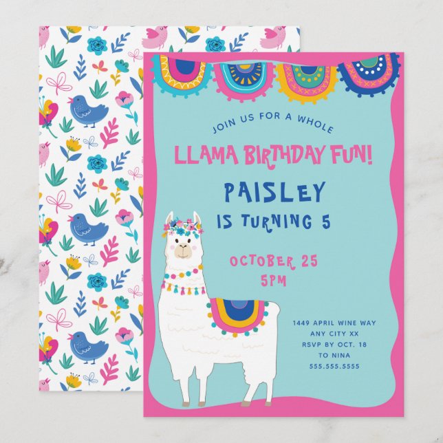 Trendy Llama girl birthday party Invitation (Front/Back)