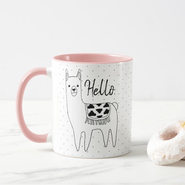 Trendy Llama Sketch & Black Dots Hello Mug (With Donut)