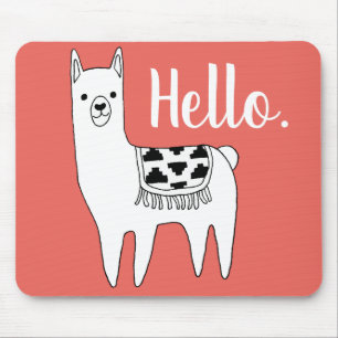 Trendy Llama Sketch Hello in Coral Mouse Mat