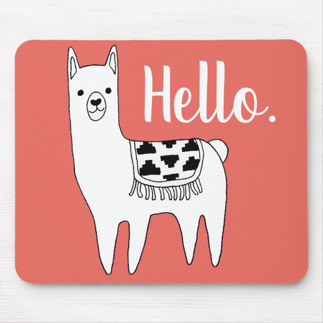 Trendy Llama Sketch Hello in Coral Mouse Mat (Front)