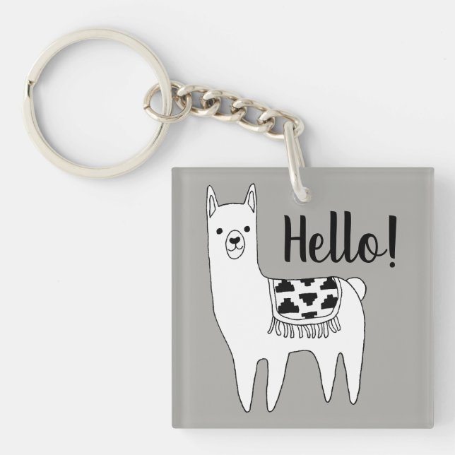 Trendy Llama Sketch Hello! Key Ring (Front)