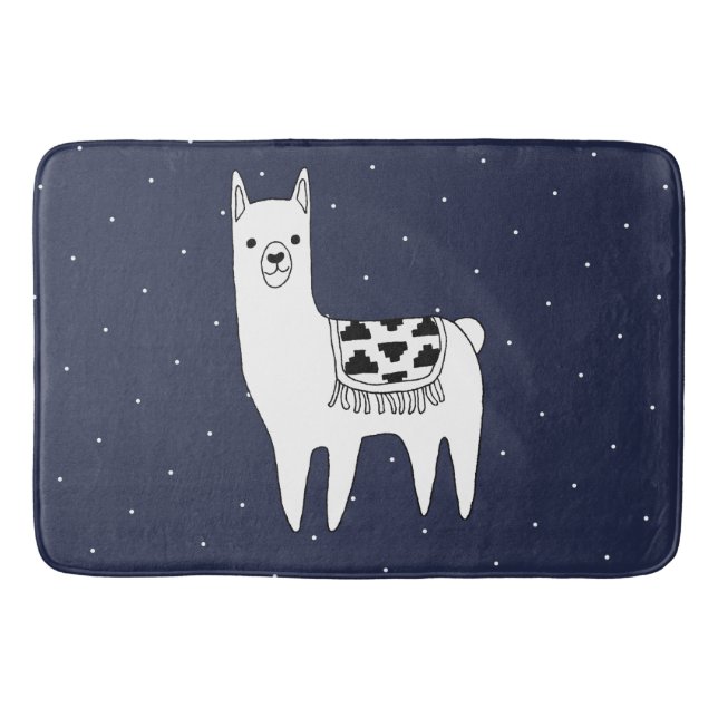 Trendy Llama Sketch & White Dots Bath Mat (Front)