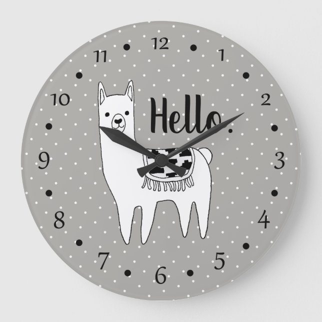 Trendy Llama Sketch & White Dots Hello Large Clock (Front)