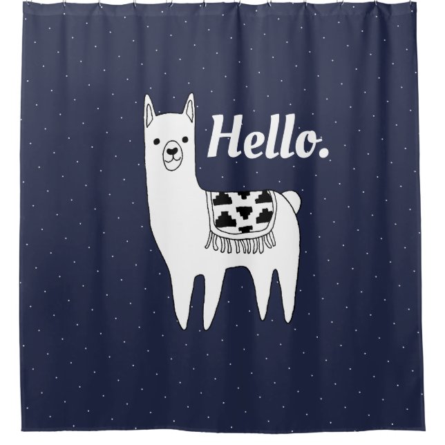 Trendy Llama Sketch & White Dots Hello Shower Curtain (Front)