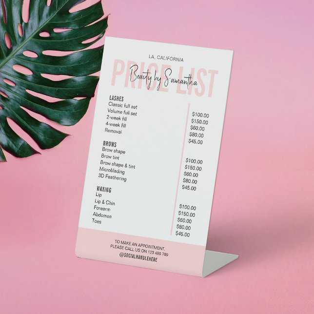 Trendy Logo Blush Pink Beauty Salon Pricing Menu Pedestal Sign (Stand out with this minimal, yet elegant, blush pink and white price list pedestal sign design)