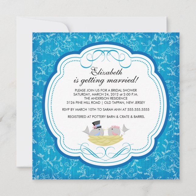 Trendy Love Birds Bridal Shower Invitation Blue (Front)