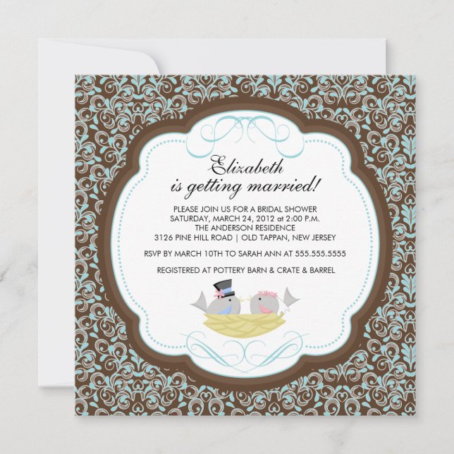 Trendy Love Birds Bridal Shower Invitation Brown (Front)