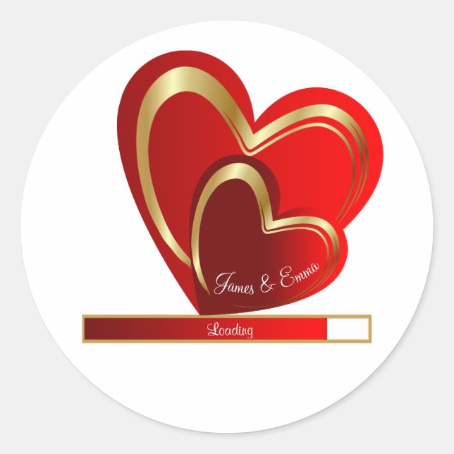 Trendy Love Loading Red Heart Personalised Wedding Classic Round Sticker (Front)