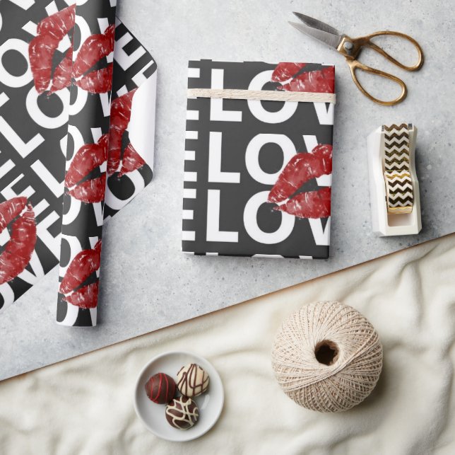 Trendy Love Typography Red Lips Valentine's Day Wrapping Paper (Crafts)