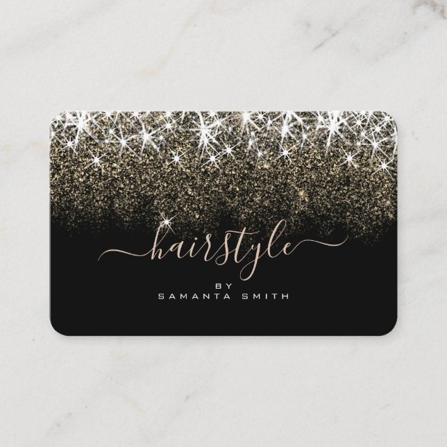 Trendy Luminous Gold Glitter Stars Hair Stylist Business Card (Front)