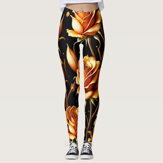 Trendy Luxury Big Gold Rose Collection Leggings (Front)