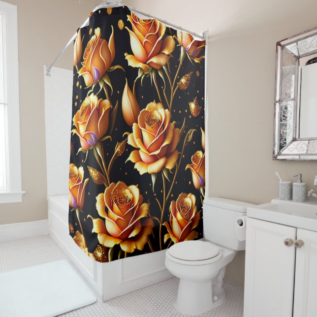 Trendy Luxury Big Gold Rose Collection Shower Curtain (In Situ)