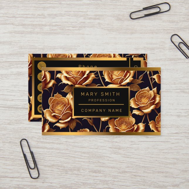Trendy Luxury Boho Gold Rose Collection Business Card (Front/Back In Situ)
