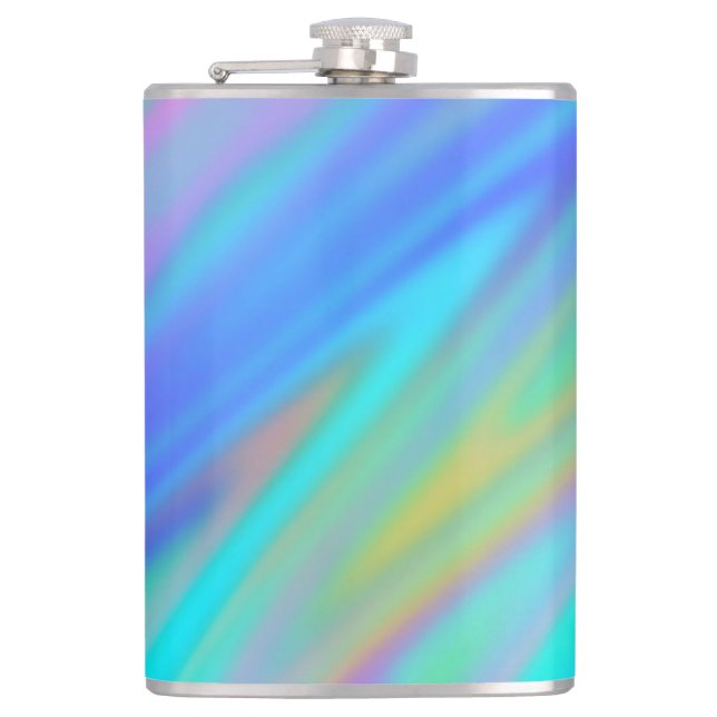 Trendy luxury green blue purple faux holographic hip flask (Front)