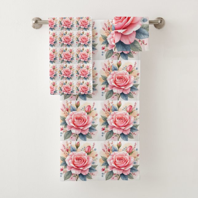 Trendy Luxury Pink Roses Beautiful Collection Bath Towel Set (Insitu)