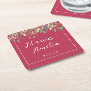 Trendy Magenta & Eucalyptus Wedding Square Paper Coaster