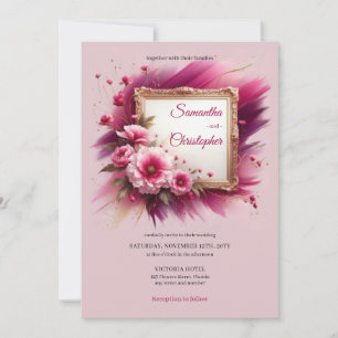 Trendy magenta flowers and gold frame wedding invitation