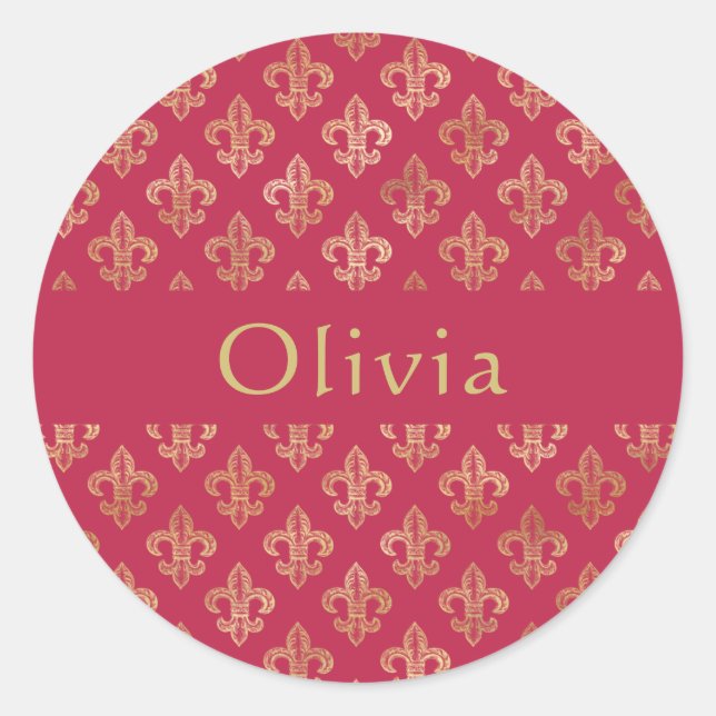 Trendy Magenta & Gold  Fleur De Lis Personalised  Classic Round Sticker (Front)