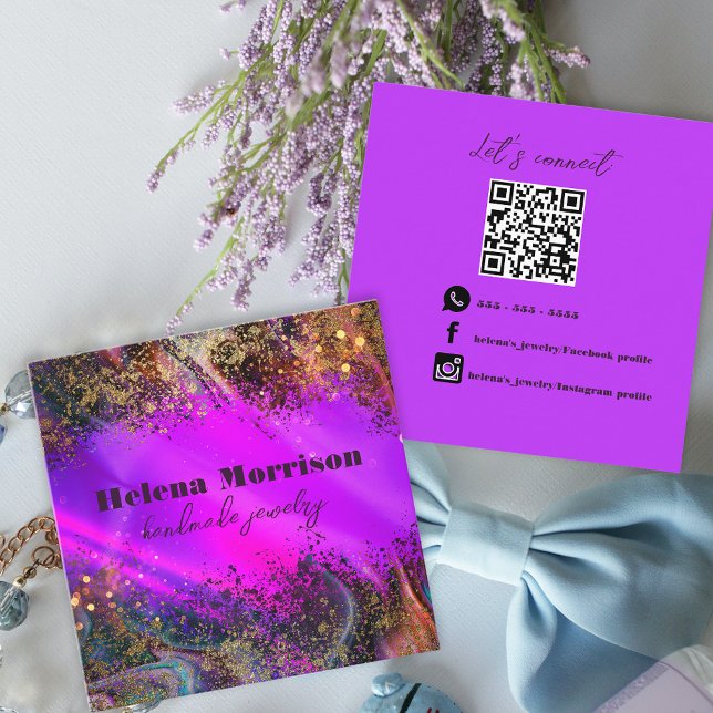 Trendy Magenta Marbled Effect and Gold Speckles Square Business Card (Creator Uploaded)