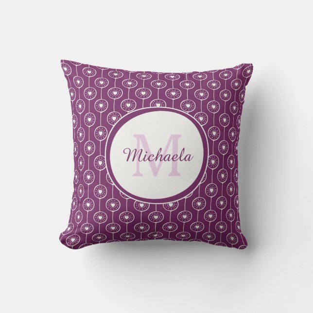 Trendy Magenta  Monogrammed Name Purple Heart Dots Cushion (Front)