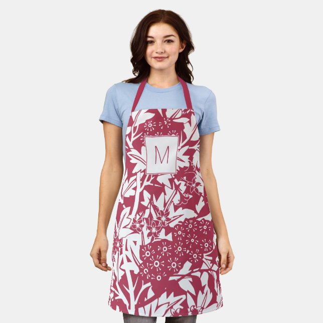 Trendy Magenta William Morris Floral Monogram  Apron (Worn)