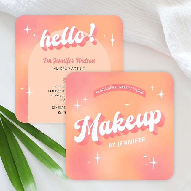 Trendy Makeup Artist Girly Retro Peach Beauty Square Business Card (Modern makeup artist business cards featuring retro style groovy fonts and pastel peach hues)