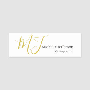 Trendy Makeup Artist Gold Monogram Black White Name Tag