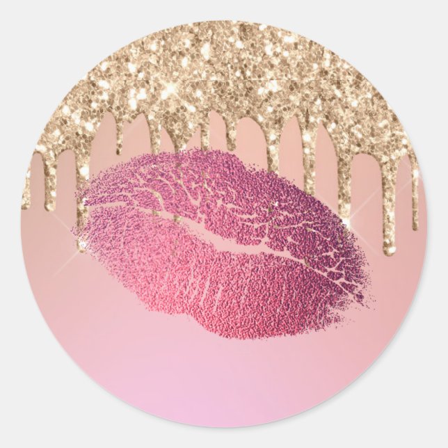 Trendy Makeup Artist Lip Kiss Rose Gold Glitter Classic Round Sticker (Front)