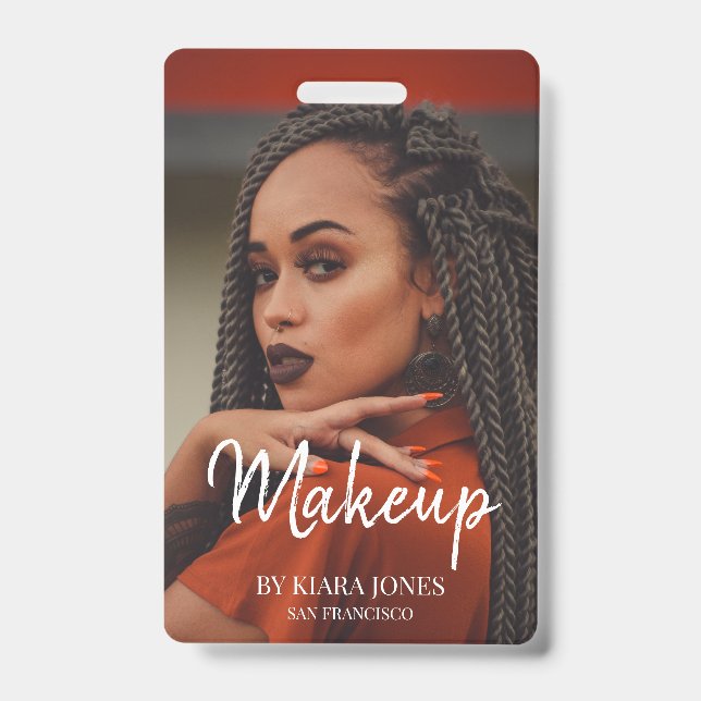 Trendy Makeup Artist Photo White Script ID Badge (Front)