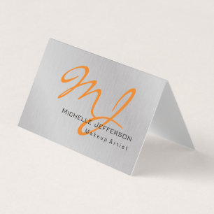 Trendy Makeup Artist Silver Grey Orange Monogram Business Card