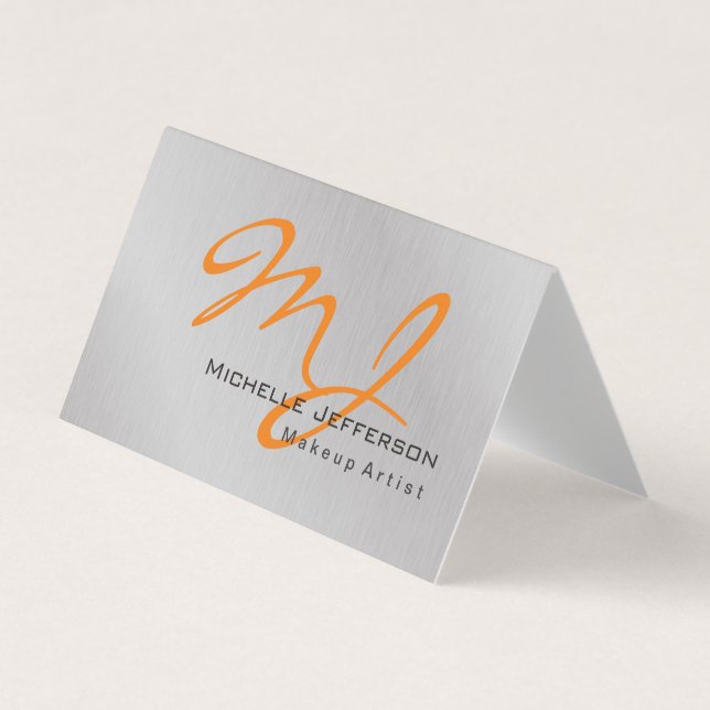 Trendy Makeup Artist Silver Grey Orange Monogram Business Card (Front)
