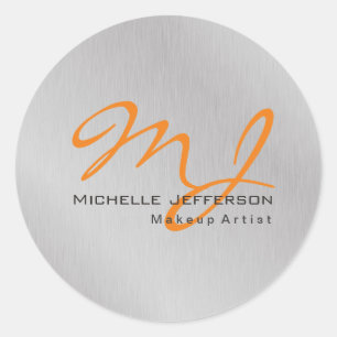Trendy Makeup Artist Silver Grey Orange Monogram Classic Round Sticker
