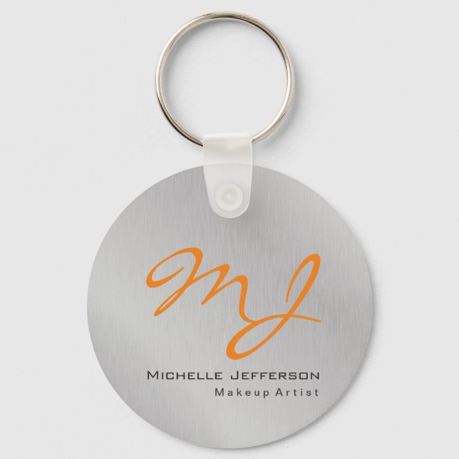Trendy Makeup Artist Silver Grey Orange Monogram Key Ring (Front)