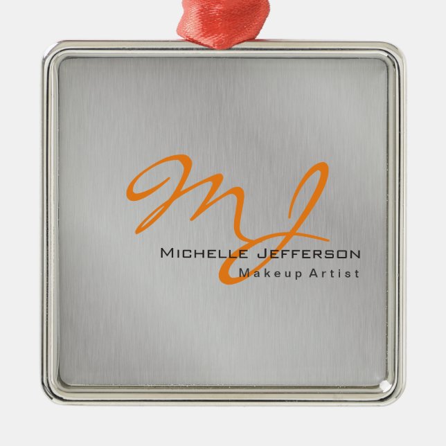 Trendy Makeup Artist Silver Grey Orange Monogram Metal Tree Decoration (Front)