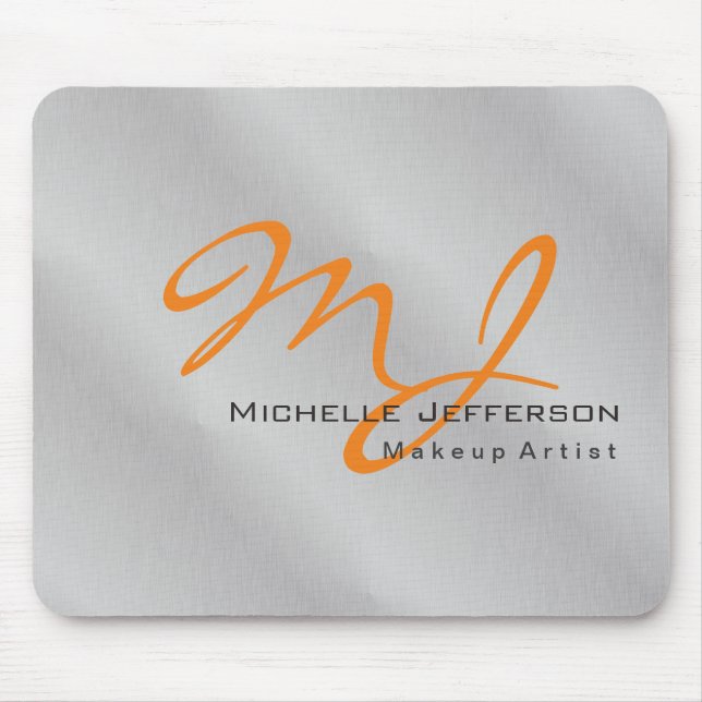 Trendy Makeup Artist Silver Grey Orange Monogram Mouse Mat (Front)