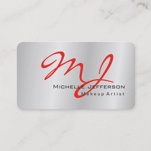 Trendy Makeup Artist Silver Grey Red Monogram Business Card (Front)