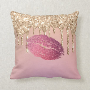 Trendy Makeup Lip Kiss Rose Gold Glitter Drips Cushion