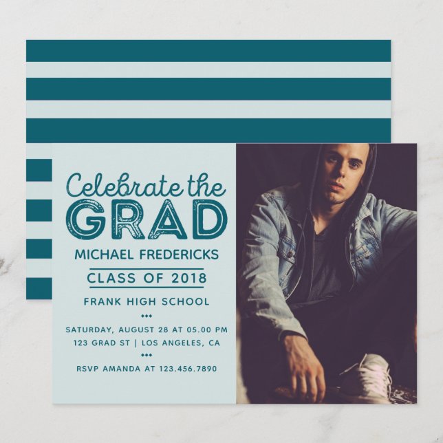 Trendy Male Photo Graduation Party invitation (Front/Back)