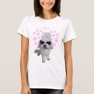 Trendy Maltese Dog with Pink Glasses and Paw Print T-Shirt