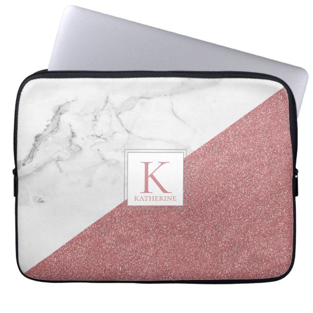 Trendy Marble Blush Pink Glitter Girly Monogram Laptop Sleeve (Front)