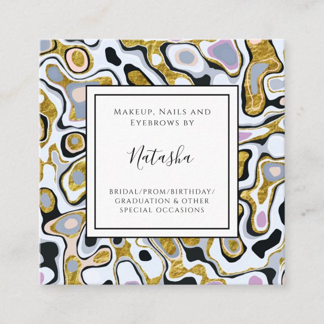 Trendy Marble Gold Glitter & Grey Makeup Square Business Card (Front)