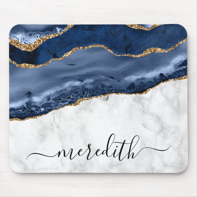 Trendy Marble Navy Blue Gold Agate Monogram Mouse  Mouse Mat (Front)