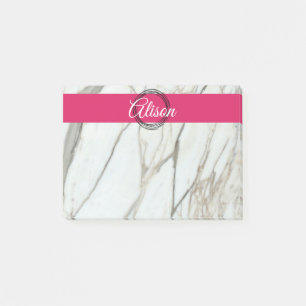 Trendy marble, pink custom name post-it notes
