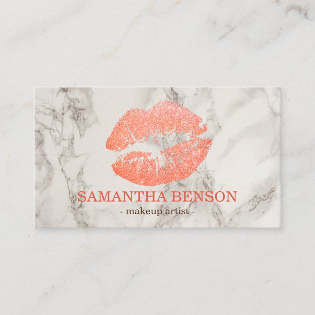 Trendy Marble Rose Gold Lips Makeup Artist Business Card (Front)