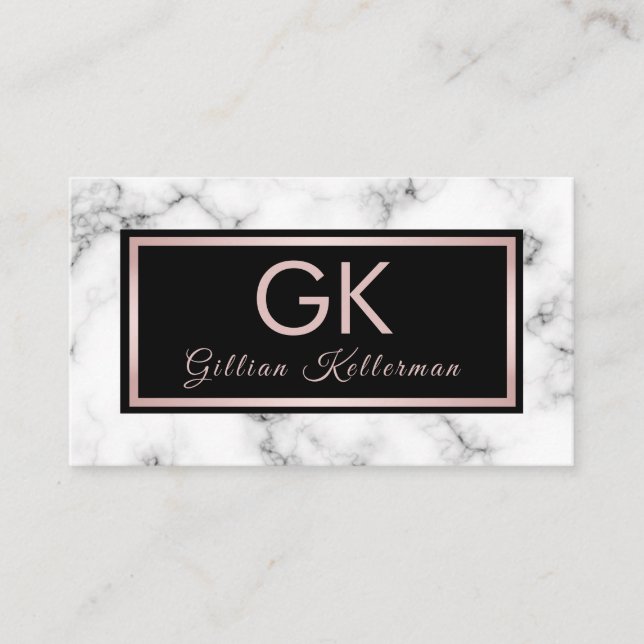Trendy Marble Rose Gold Monogram Business Card (Front)