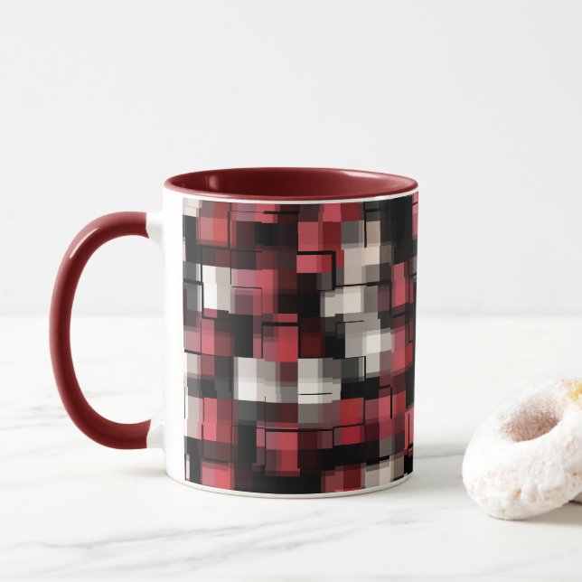 Trendy Maroon Black White Abstract Plaid Mug (With Donut)