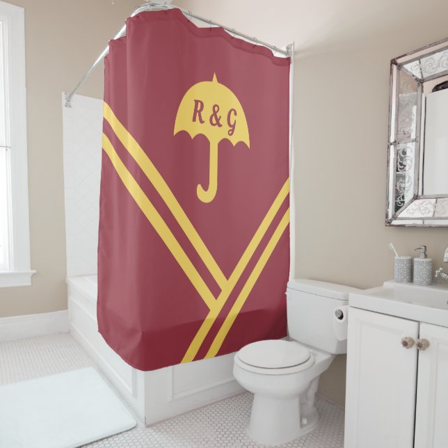Trendy Maroon Gold Stripes Umbrella Initials Shower Curtain (In Situ)