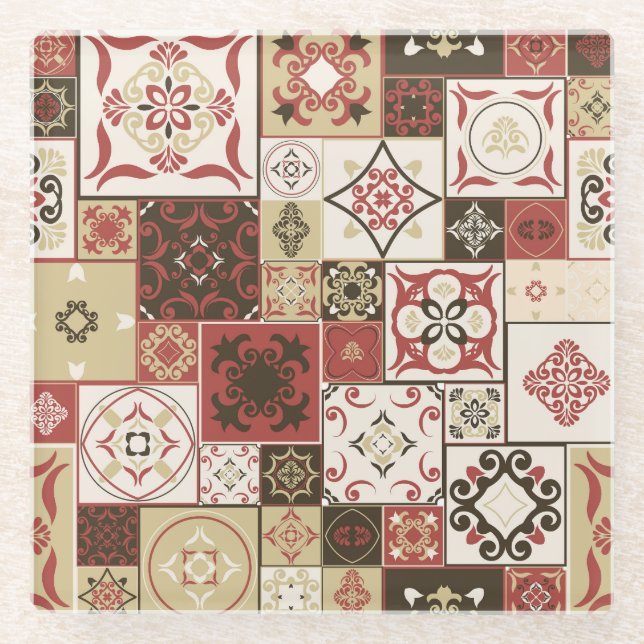 Trendy Marsala Moroccan Tile Pattern Glass Coaster (Front)