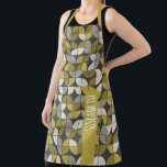 Trendy MCM Half Moon Pattern with gold name block Apron<br><div class="desc">A bold, graphic design with colourful shades of blacks and gold with a fun colour block to add your name or any text. The mid century pattern is a trendy pattern with a punches of colour. You can add a name, monogram or other custom text. If you need to move...</div>