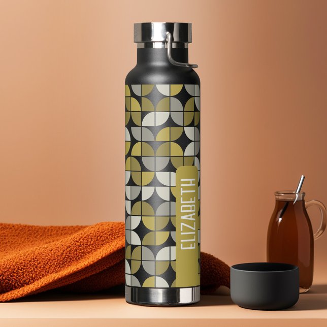Trendy MCM Half Moon Pattern with gold name block Water Bottle (Personalized water bottle with a custom name and half moon pattern)